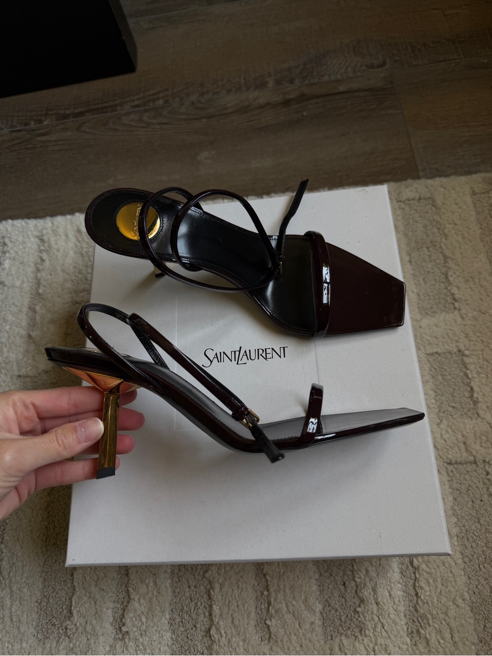 Saint Laurent burgundy Patent Leather Slingback Sandals with Gold Heel